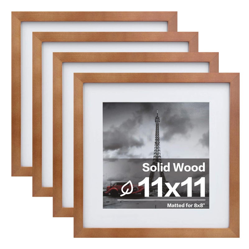 Egofine 11x11 Picture Frames 4 Pack Covered by Plexiglass, Display Pictures 8x8 with Mat or 11x11 Without Mat Made of Solid Wood for Table Top Display and Wall Mounting Photo Frame, Light Brown - Image 1